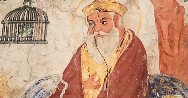 Wandmalerei aus dem 19. Jahrhundert von Gurdwara Baba Atal mit Darstellung von Nanak